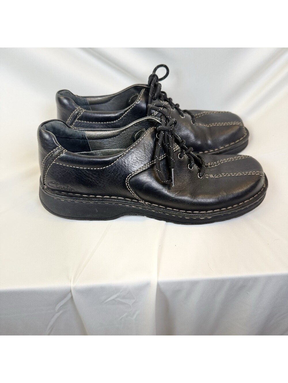 Clarks- Mens Black Lace Up Oxford Contrast Stitching 8.5 Classic Leather